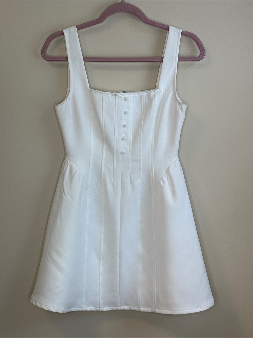 Elegant White Square-Neck Mini Dress with Front Button Detail